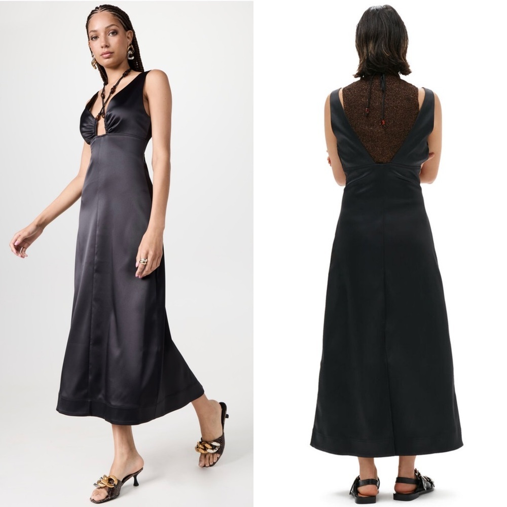 GANNI Satin Beaded Crisscross Halter Tie V-Neck Empire Waist Sleeveless Dress‎ S - Picture 6 of 14